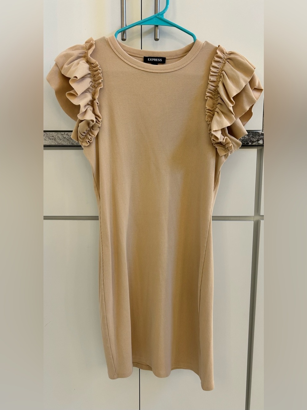 Express Beige Ruffle-Sleeve Knit dress